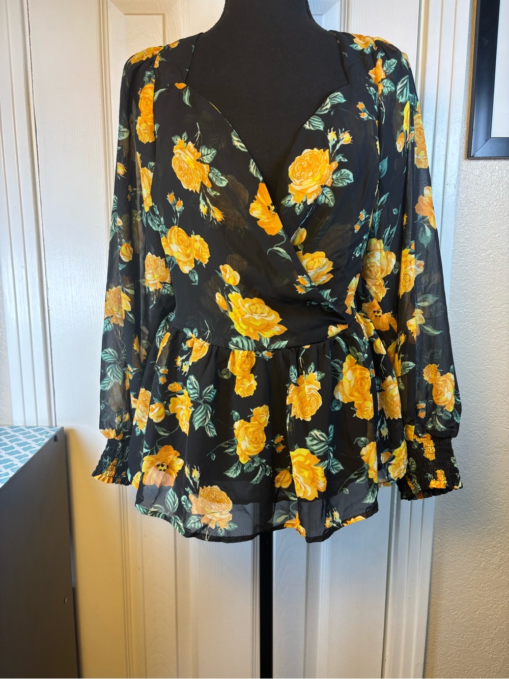 Floral Wrap Peplum Blouse in Black and Yellow  NWOT 14 & 18